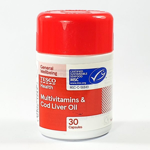 TESCO - MULTIVITAMINS & CODLIVER OIL 30 CAPSULES Hot on Sale